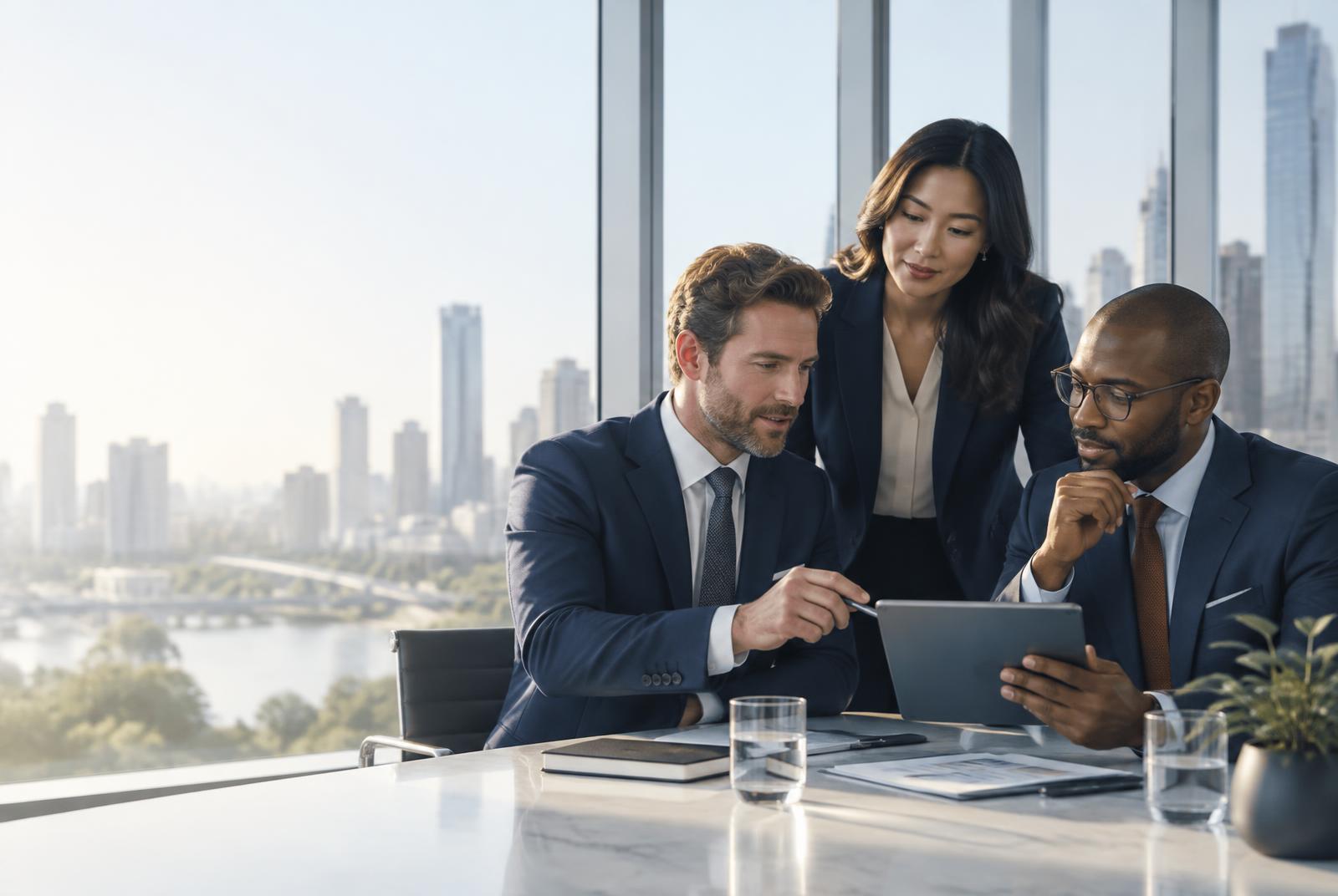 Investment advisors reviewing market information together